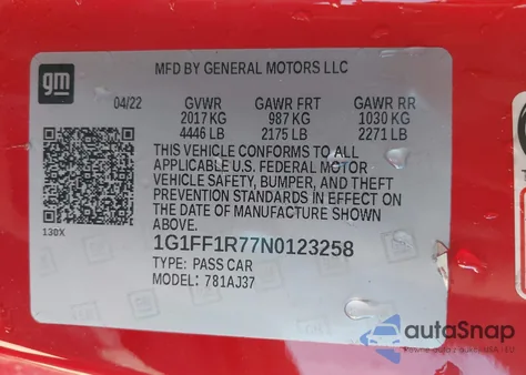 2022 Chevrolet Camaro Rwd Lt1 z USA, uszkodzony, nr VIN 1G1FF1R77N0123258